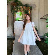 批发韩版甜美风白色娃娃领短袖连衣裙女春季别致减龄显瘦新款<b class='q'>短裙</b>子