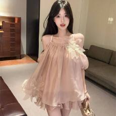 批发纯欲温柔风性感露肩吊带雪纺衬衫女夏季立体花朵超仙洋气减龄上衣