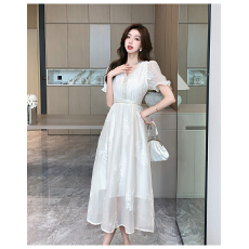 批发重工刺绣新中式国风<b class='q'>连衣裙</b>女夏设计感法式温柔风气质收腰v领长裙