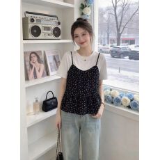 批发假两件上衣女碎花短袖t恤夏季<b class='q'>打底衫</b><b class='q'>大码</b>宽松显瘦上衣