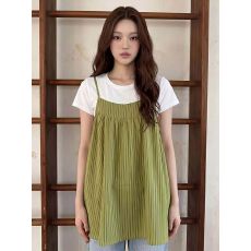批发韩系复古格纹吊带T恤女夏季外穿多巴胺褶皱绿色上衣<b class='q'>宽松</b>叠穿小衫