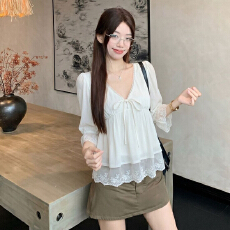批发蝴蝶结V领蕾丝拼接<b class='q'>衬衫</b><b class='q'>宽松</b>五分袖上衣