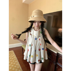 批发日系复古无袖娃娃衫夏季波点<b class='q'>格子衬衫</b>女娃娃领显瘦童趣衬衫上衣