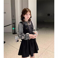 批发春秋穿搭一整套女宽松复古蝴蝶结<b class='q'>牛仔</b>背带连衣裙波点系带花边衬衫