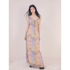 批发2026巨好看水墨画碎花吊带连衣裙夏日绝美仙女海边度假沙滩<b class='q'>长裙</b>子