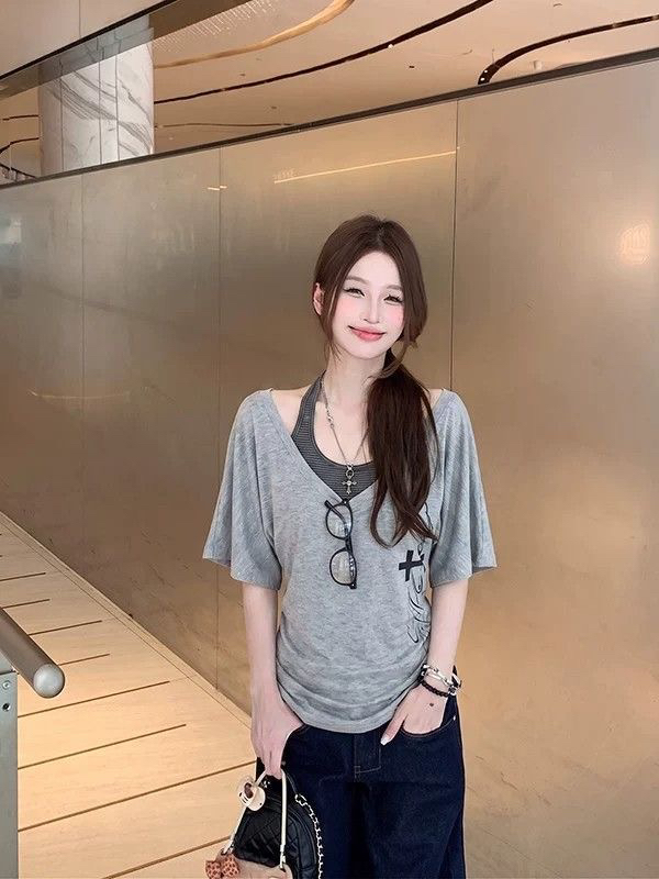 BY30069# 人棉莫代尔+条纹布两件套挂脖印花v领短袖t恤女条纹背心上衣 服裝批發女裝批發服飾貨源