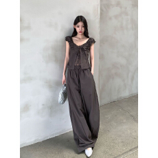 批发小众设计感时尚套装女2026夏季新款褶皱绑带无袖上衣阔腿裤两件套