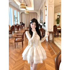 批发小个子甜美法式米白色开衫2026春夏白色<b class='q'>蓬蓬</b>蛋糕连衣背心裙两件套