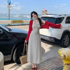 批发法式复古甜心V领波点挂脖连衣裙女夏季露背绑带无袖<b class='q'>背心</b><b class='q'>长裙</b>
