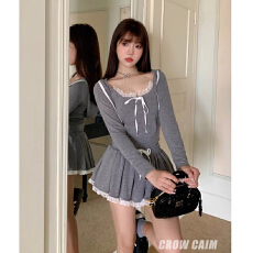 批发蕾丝<b class='q'>拼接</b>灰色短款T恤连帽卫衣辣妹套装女秋季a字半身裙休闲两件套