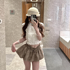 批发翻领蕾丝花边短袖衬衫<b class='q'>女</b>夏季新款甜辣妹套装高腰格纹<b class='q'>半身裙</b>两件套