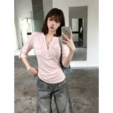 批发雪花棉粉色V领正肩<b class='q'>中袖</b>T恤女早秋新款双口袋修身显瘦辣妹上衣