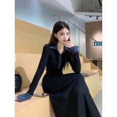 批发黑色高级感气质翻领长袖连衣裙女<b class='q'>春</b>季新款收腰修身显瘦荷叶边长裙