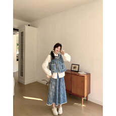 批发蓝色扎染小清新牛仔套装裙女秋<b class='q'>冬</b>2026新款设计感马甲半身裙三件套