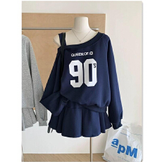 批发休闲减龄卫衣套装女<b class='q'>秋</b>季韩系斜领露肩印花上衣高腰百褶裙两件套潮
