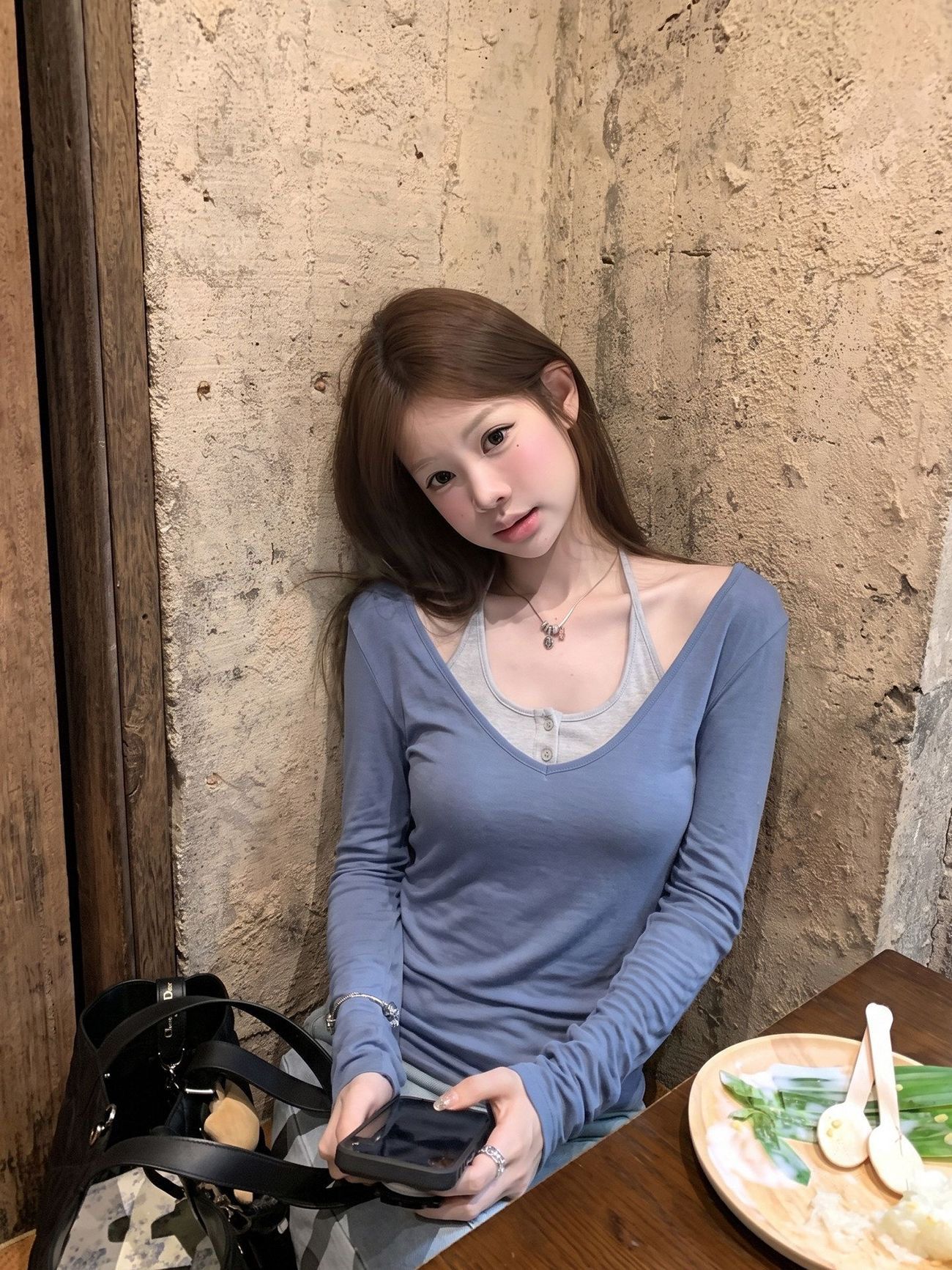 人棉莫代尔V领假两件撞色长袖T...