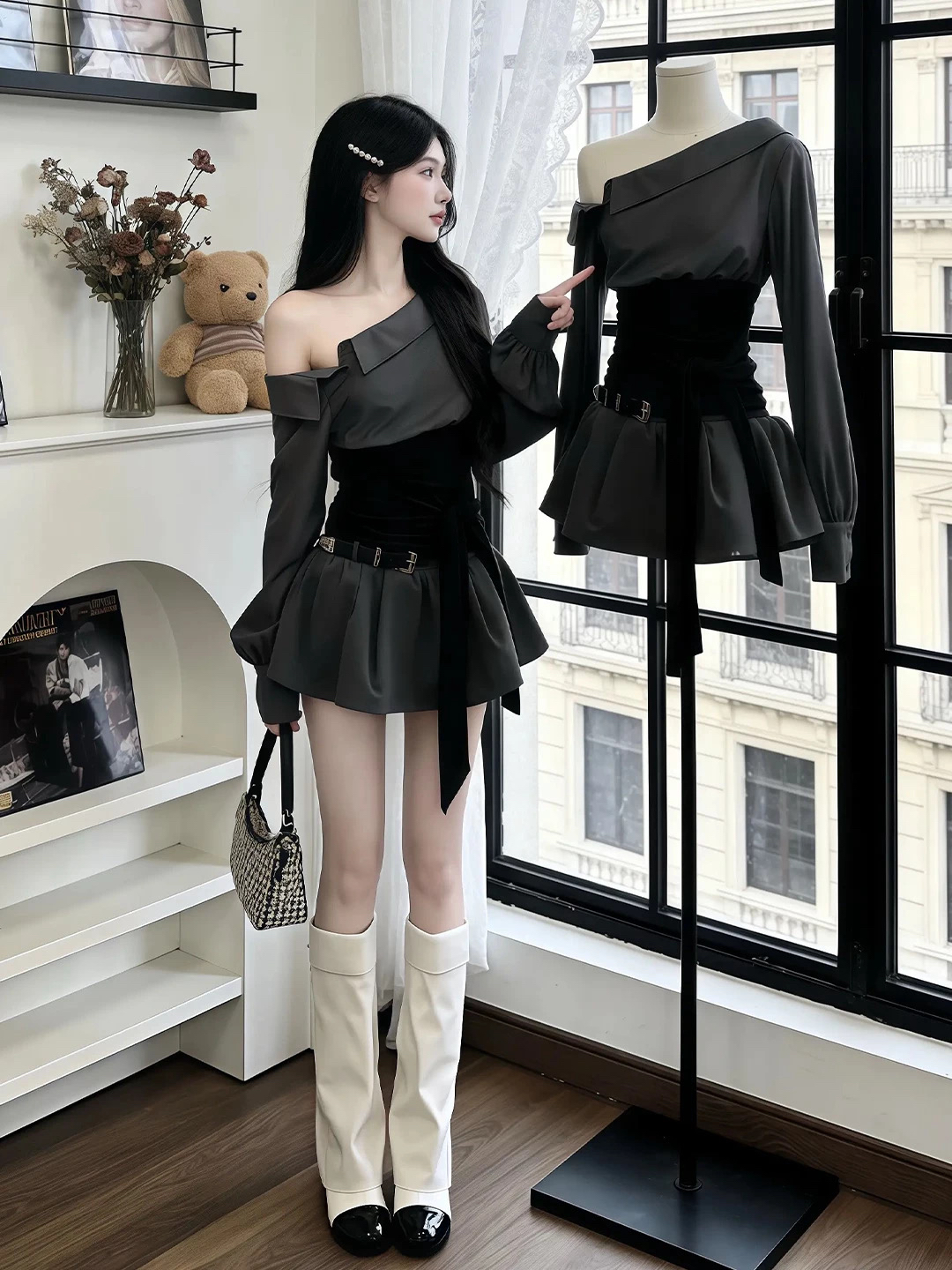 独特漂亮绝美小套装韩系温柔风巨好看复古灰色上衣短裙两件套 服裝批發女裝批發服飾貨源