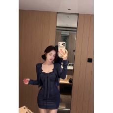 批发性感辣妹风藏蓝色绑带抹胸<b class='q'>连衣裙</b>女叠穿修身气质长袖针织开衫套装
