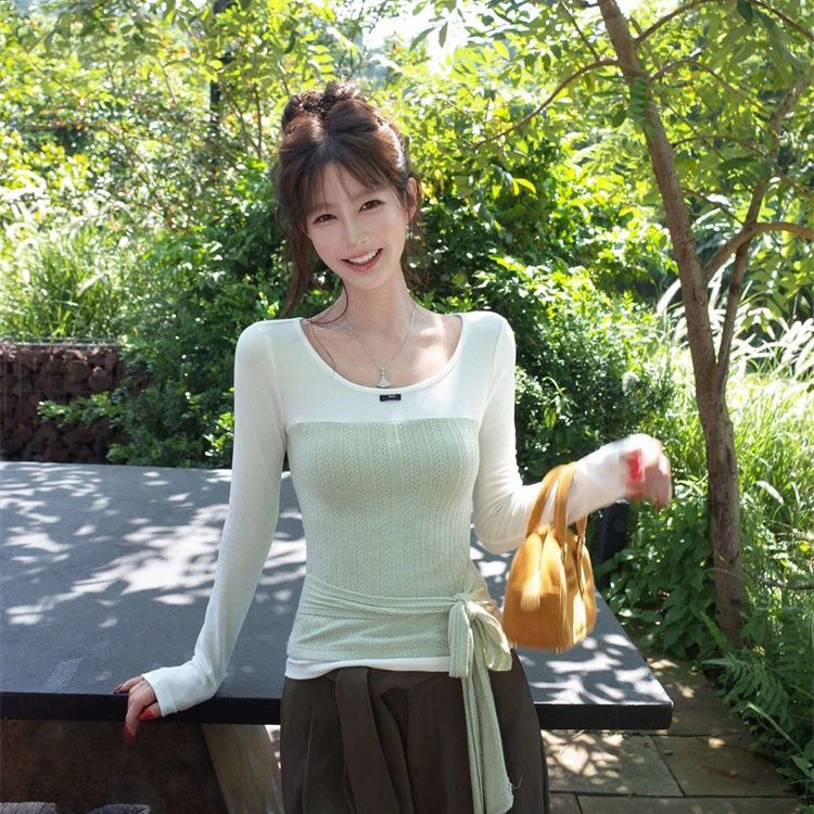 麦穗花韩系假两件绑带长袖t恤女...