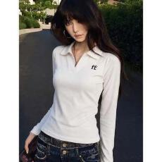 批发92棉 天猫优选 V领正肩POLO衫t恤女打底<b class='q'>修身</b><b class='q'>运动</b>风长袖休闲
