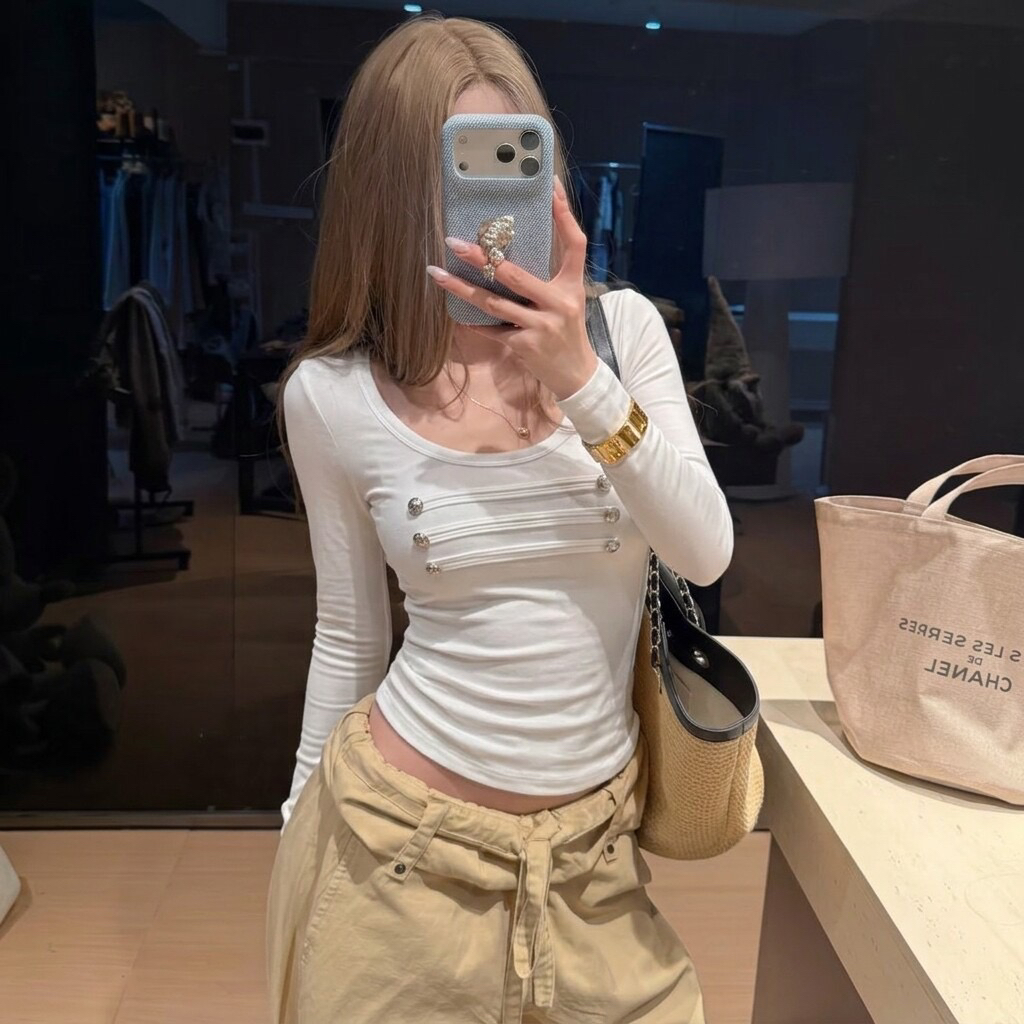 BY34731# 白色长袖打底衫t恤女早秋高级感纽扣 服裝批發女裝批發服飾貨源