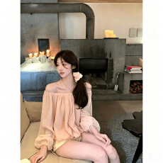批发清纯春秋一字肩粉色<b class='q'>雪纺</b>衫女早春高级感独特别致<b class='q'>长袖</b>上衣