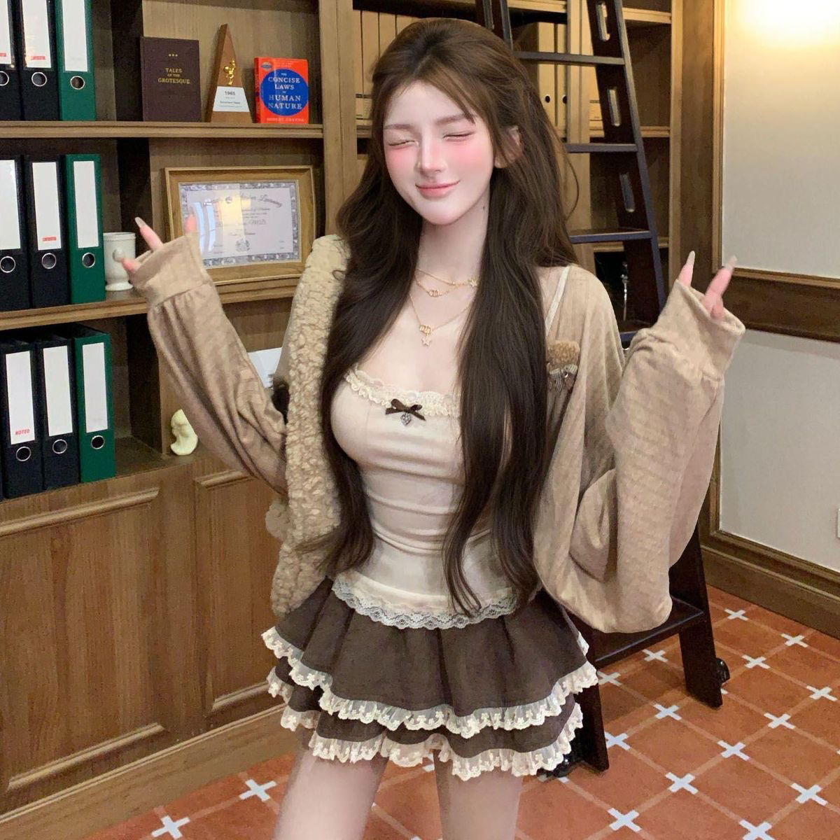 早秋氛围复古甜心设计纯欲风上衣长袖开衫半裙三件套 服裝批發女裝批發服飾貨源