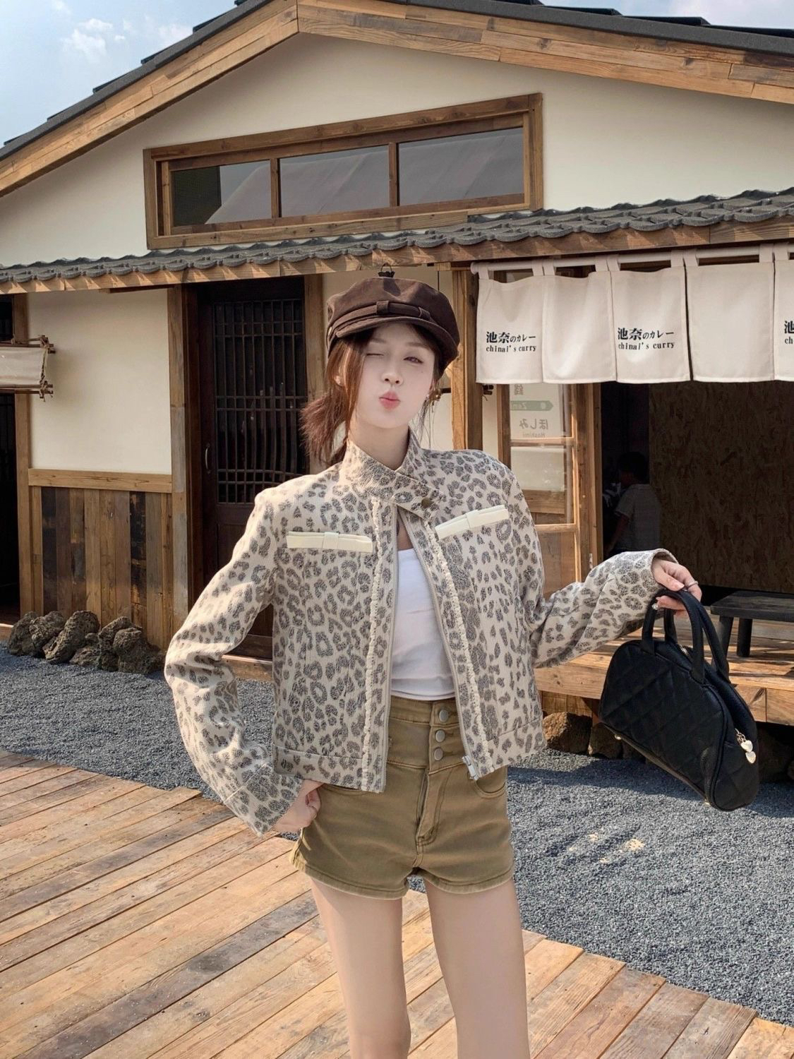 美式复古豹纹立领短外套女秋季新款酷飒风设计感小众夹克 服裝批發女裝批發服飾貨源