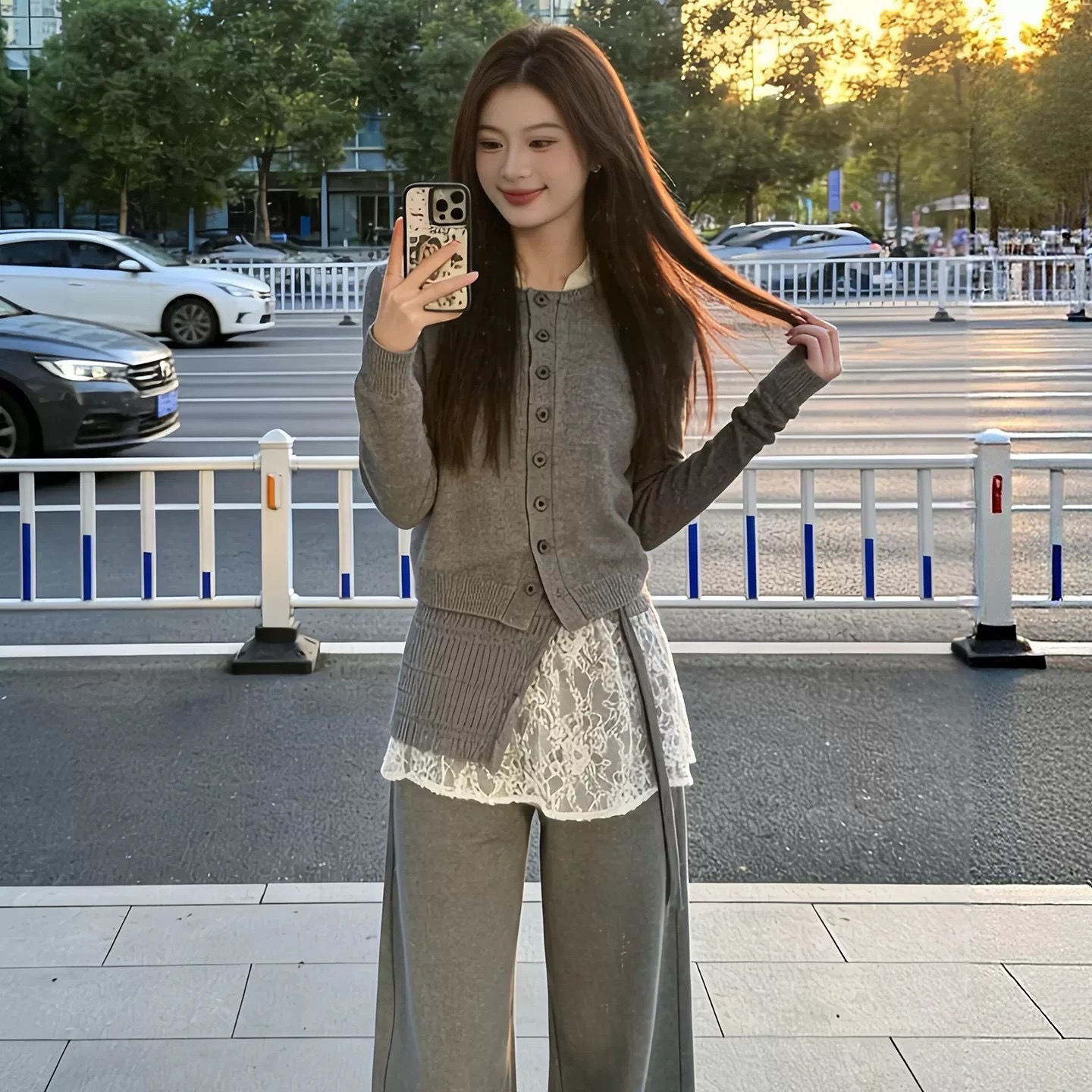 超火穿搭一整套早初春季韩系小个子灰色针织开衫上衣两件套装 服裝批發女裝批發服飾貨源