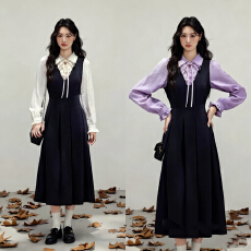批发新款早秋穿搭法式黑色巨好看Polo领<b class='q'>连衣裙</b>女<b class='q'>假两件</b>长袖