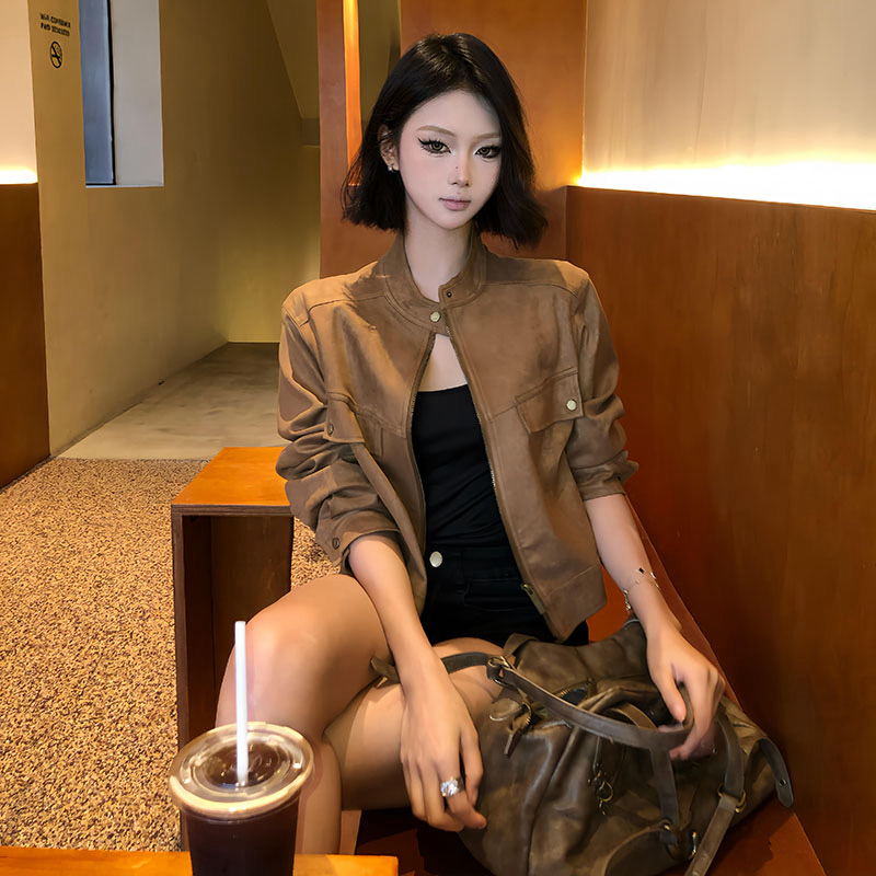美德拉咖色麂皮绒外套女春秋季时尚休闲小个子甜酷炸街短夹 服裝批發女裝批發服飾貨源