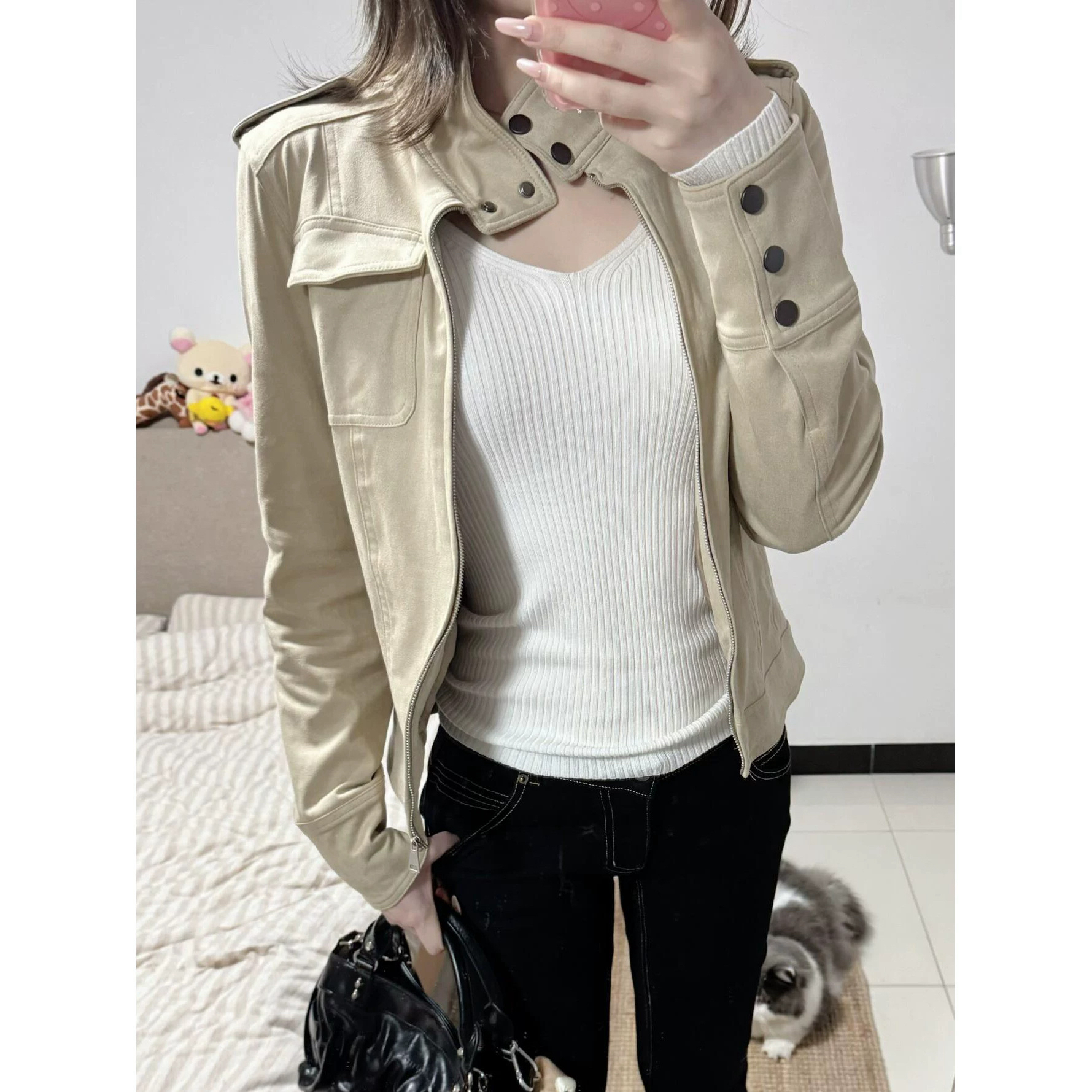美式复古麂皮外套女款秋季新款高级感立领短款修身显瘦夹克外套潮 服裝批發女裝批發服飾貨源