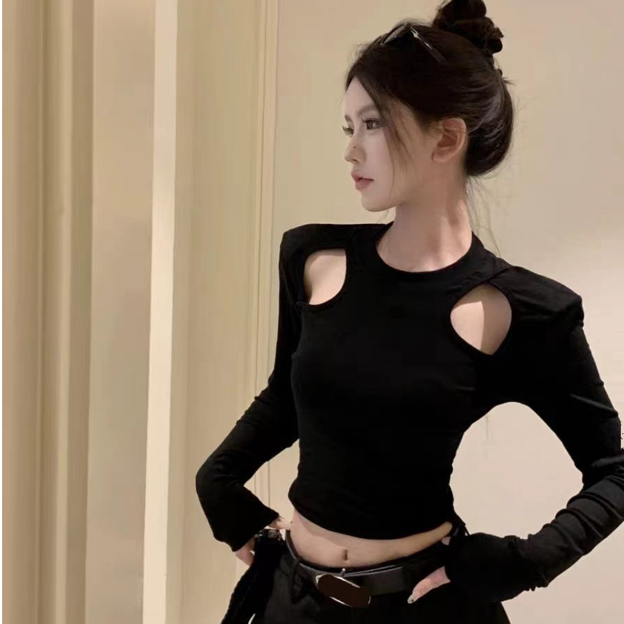 BY355827# 双面德绒露肩长袖打底衫女春季辣妹修身短款上衣女ins 服裝批發女裝批發服飾貨源