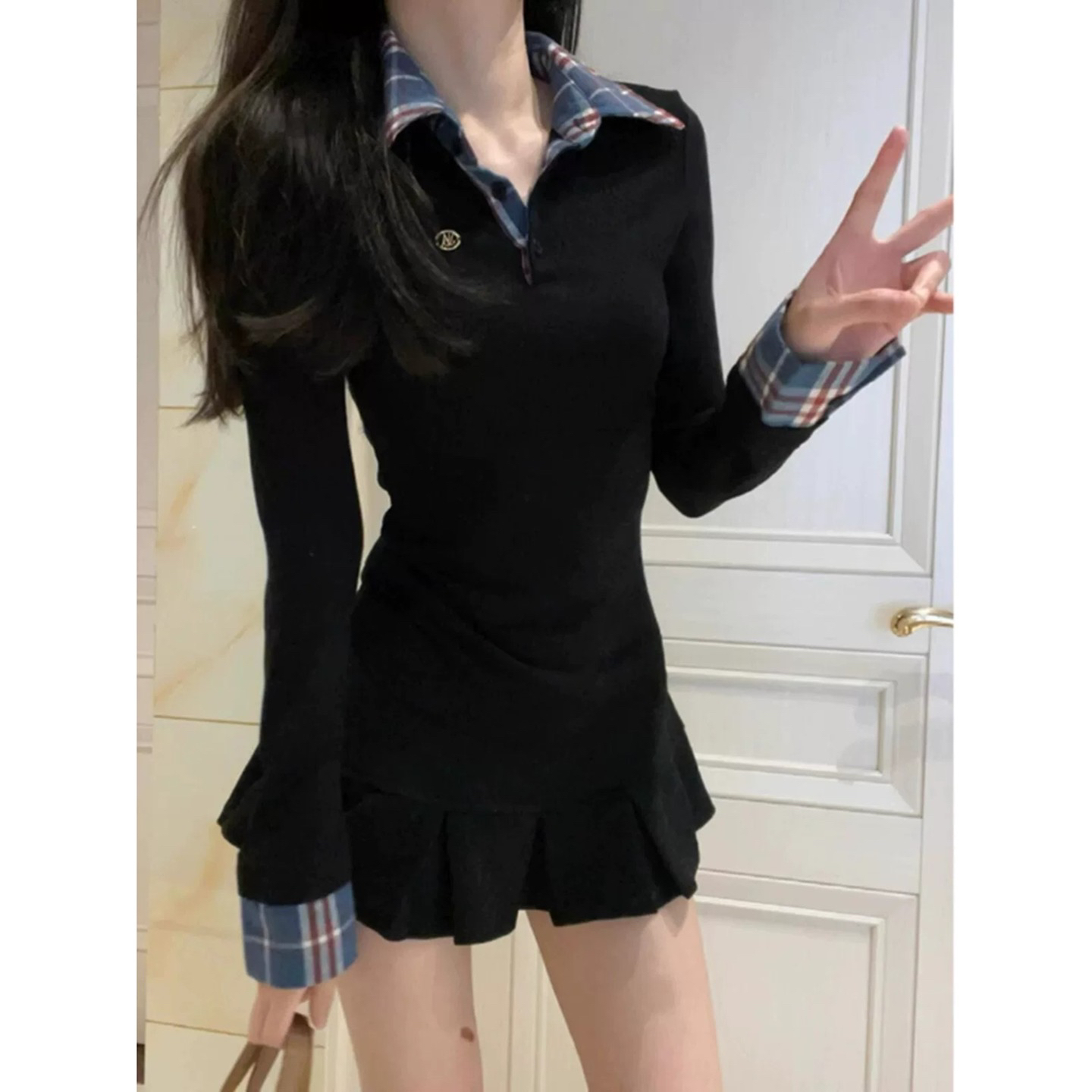 BY355825# 原版质量假两件格纹衬衫领长袖t恤女秋上衣 服裝批發女裝批發服飾貨源