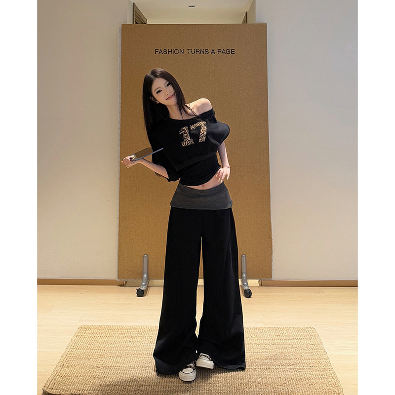 ACUN豹纹吊带斜肩两件套卫衣美式撞色短款上衣女+卫裤套装 服裝批發女裝批發服飾貨源