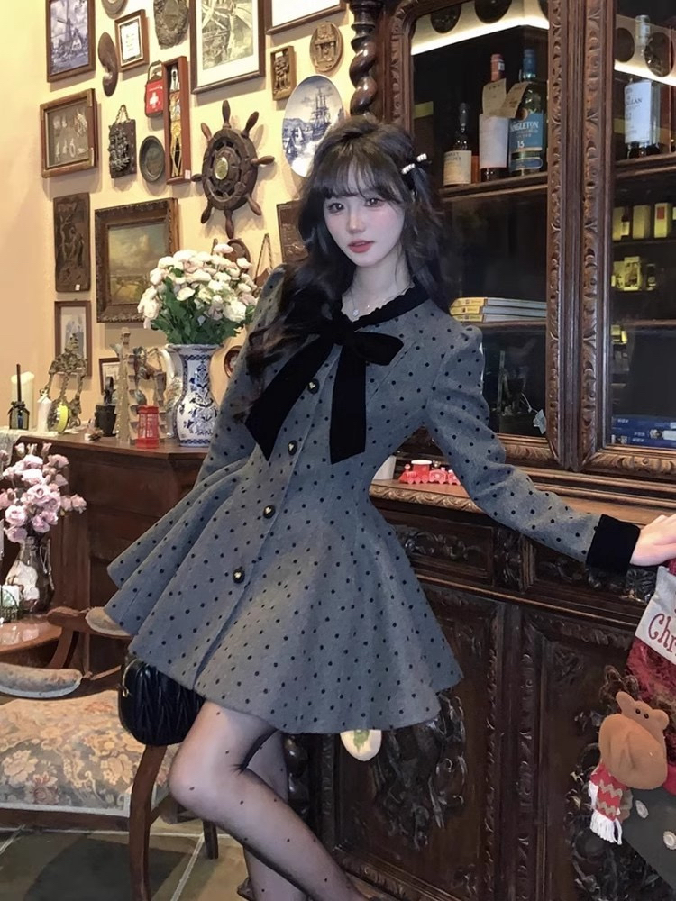 法式甜美蝴蝶结长袖连衣裙女秋季新款富家千金小香风收腰蓬蓬裙 服裝批發女裝批發服飾貨源