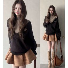批发韩系秋冬咖色系毛衣内搭<b class='q'>套装</b>女新款小个子香风针织上衣两件套