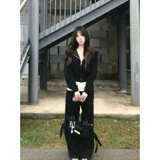 批发【纯棉华棉320克+内抽+后包领】拼接撞色波点连帽外套女套装潮