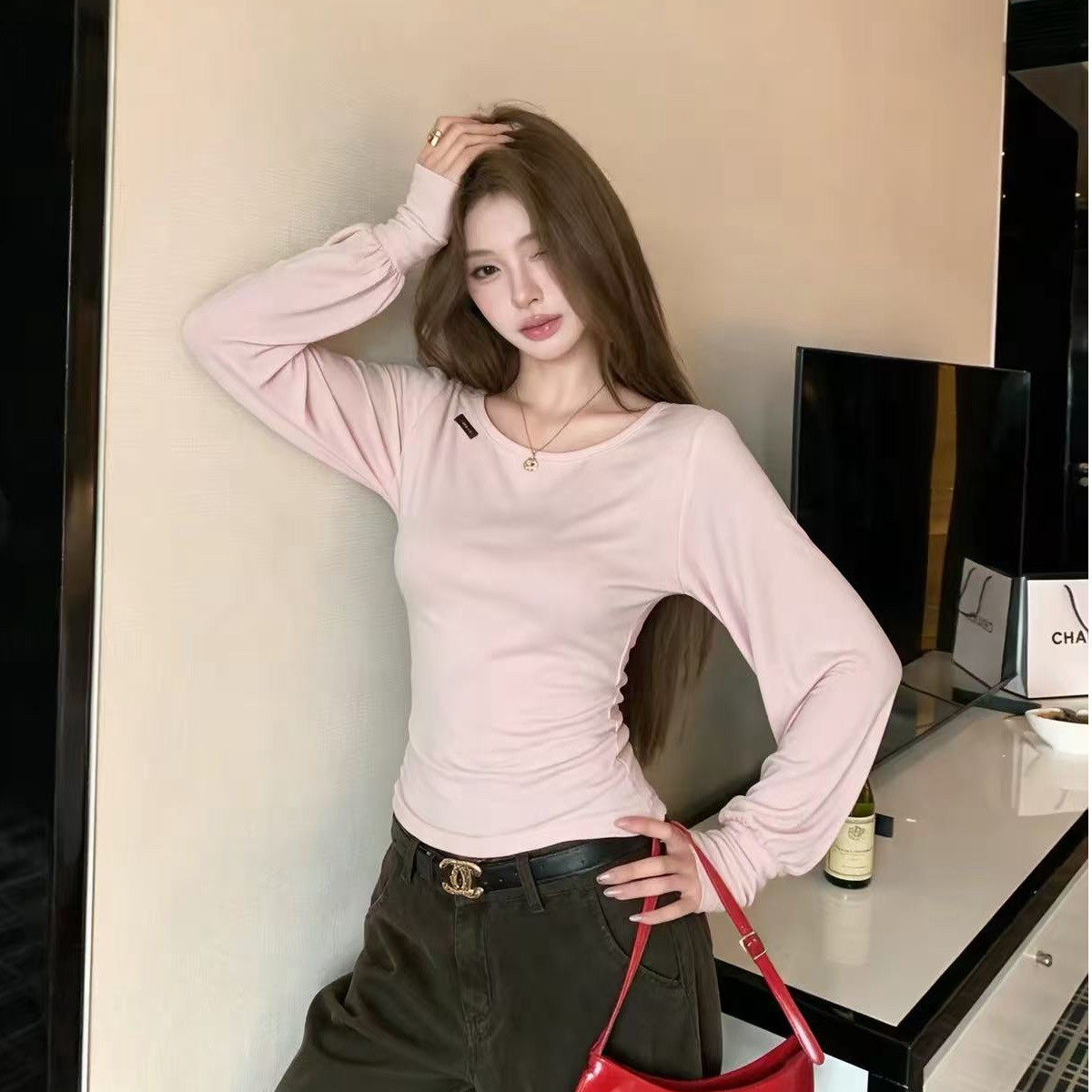 BY36652# 人棉+订小标+品质做工长袖T恤女秋季纯色修身打底衫  服裝批發女裝批發服飾貨源