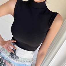 批发韩国东大门新款气质百搭修身显瘦纯色半高领背心T恤上衣打底衫女