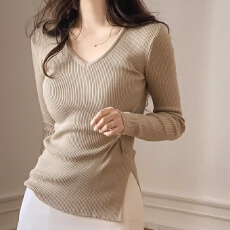 批发韩国东大门女装新款修身性感V领纽扣不规则<b class='q'>薄款</b>舒适长袖针织上衣