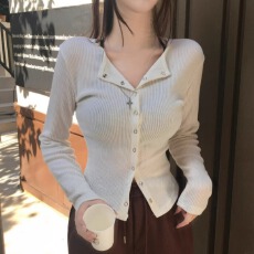 批发<b class='q'>韩国</b>东大门新款纯色百搭女人味修身显瘦按扣螺纹长袖<b class='q'>T</b><b class='q'>恤</b>时尚开衫