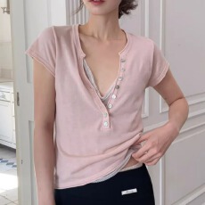 批发韩国东大门新品夏季薄款舒适纽扣半开V领性感显瘦<b class='q'>针织</b>衫<b class='q'>女</b>短袖T恤