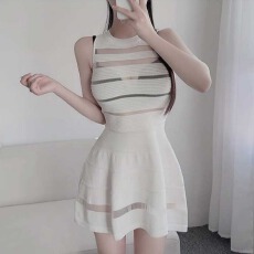 批发韩国<b class='q'>东大门</b>新款显瘦甜辣风~性感女人味拼纱横条纹无袖针织<b class='q'>连衣裙</b>