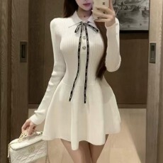 批发韩国东大门新品张元英风格少女装针织<b class='q'>连衣裙</b>翻领收腰<b class='q'>蓬蓬裙</b>超短裙
