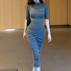 批发韩国<b class='q'>东大门</b>新款气质高级感修身半高领中袖针织<b class='q'>连衣裙</b>女士包臀长裙