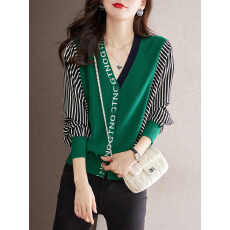 批发2025年新款秋季蝙蝠袖毛衣外套女开衫v领宽松条纹<b class='q'>雪纺</b>拼接针织衫