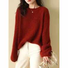 批发红色亮丝100%美丽诺羊毛衫女2025秋冬欧货<b class='q'>高端</b>加厚慵懒打底毛衣