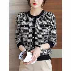 批发<b class='q'>中年女装</b>时尚千鸟格圆领长袖毛衣秋冬打底衫宽松显瘦针织衫上衣女