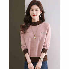 批发秋冬装新款内搭半高领拼色针织羊绒<b class='q'>套头衫</b>女韩版宽松长袖打底毛衣